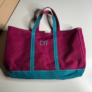 LL Bean Boat and Tote Bag Magenta Teal Canvas Large USA Made Monogram CYF